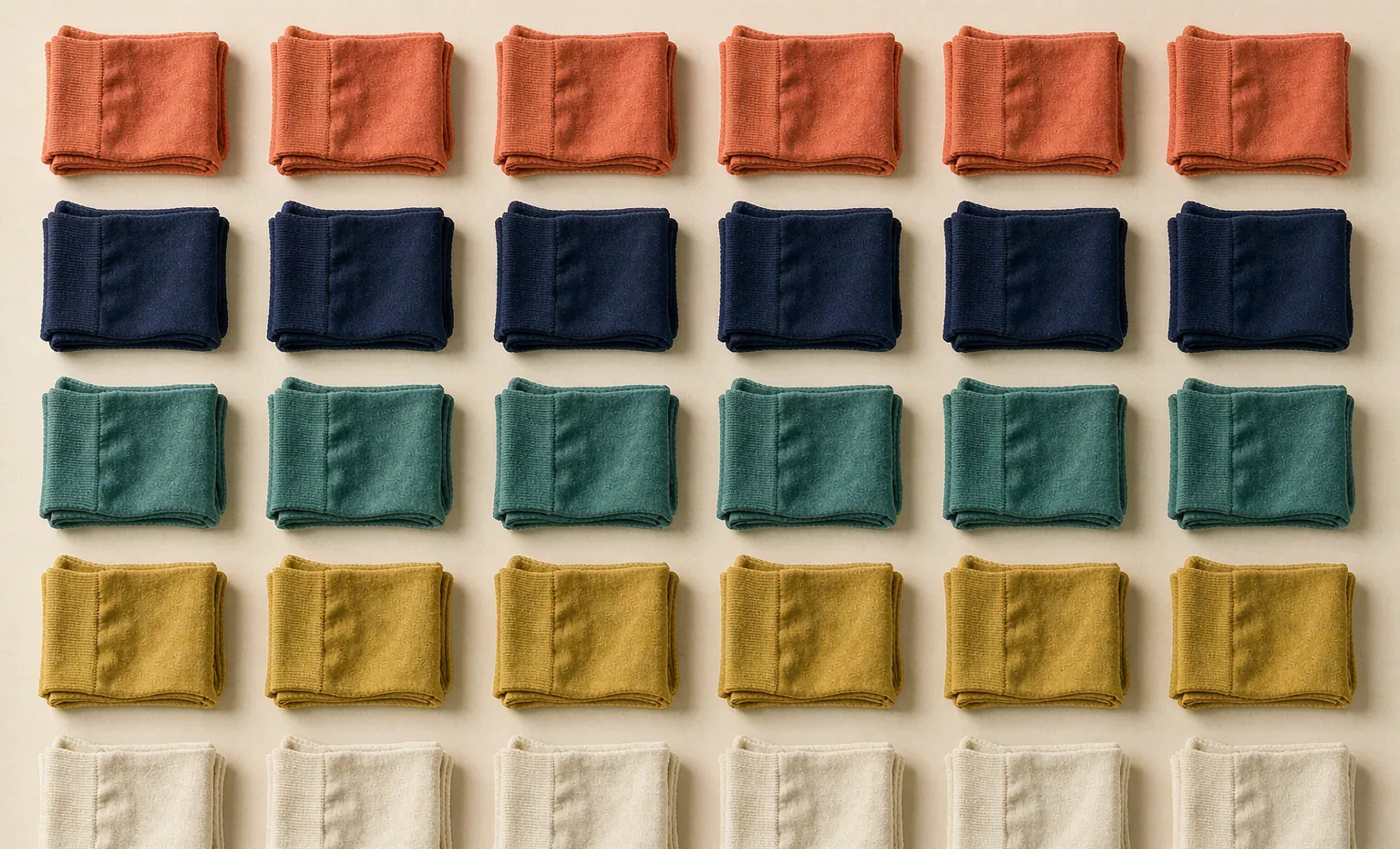 Rows of premium folded socks in coral, navy, teal and mustard